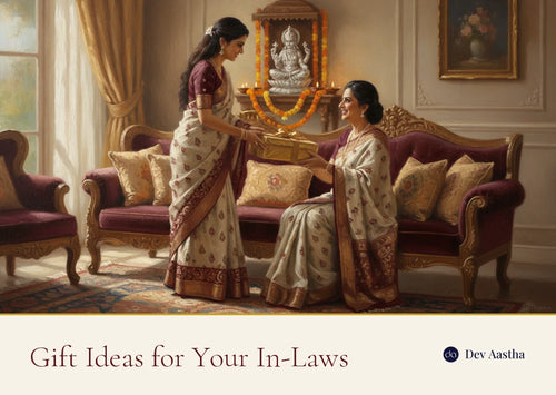 A daughter-in-law in a saree handing a wrapped gift to her seated mother-in-law in an Indian living room, with a silver-plated Lakshmi idol and lit diyas on the mandir shelf behind them