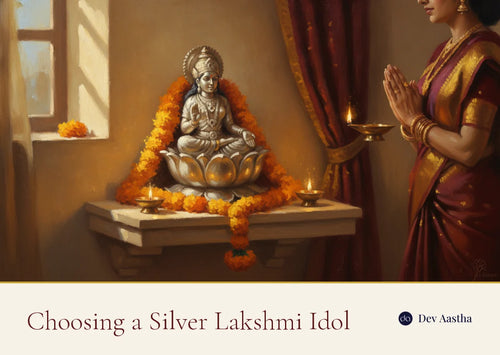 Silver Lakshmi idol seated on a lotus in a home puja mandir with lit diyas and marigold flowers