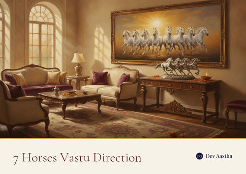 Seven galloping white horses painting above a wooden console in an Indian living room, with a silver-plated seven horse showpiece and a lit diya below