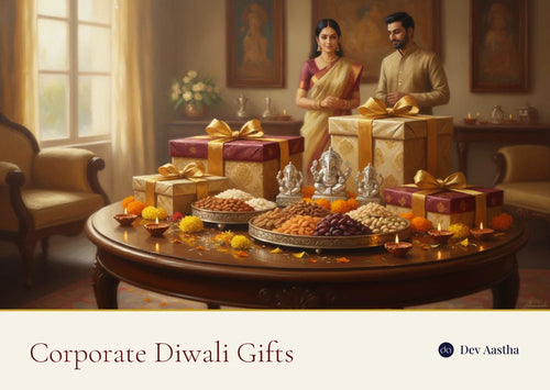Corporate Diwali gifts: a silver-plated Lakshmi-Ganesh idol set in a gift box with diyas