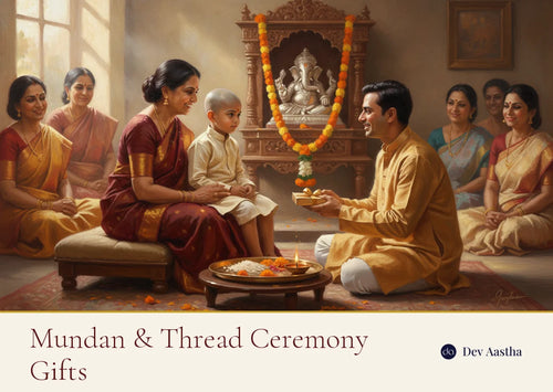An Indian mundan ceremony at home, the family offering a gift to a toddler with a freshly shaved head before a silver-plated Ganesha idol