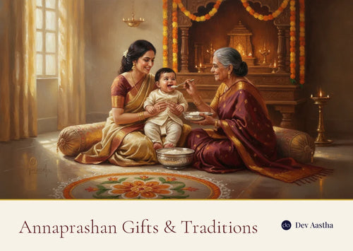 Annaprashan first-rice ceremony: a mother and grandmother feed a baby their first spoonful of sweet rice from a silver bowl before the family mandir