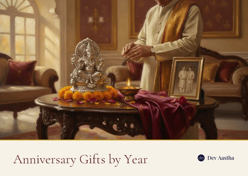 Anniversary Gifts by Year: a silver wedding anniversary celebration with a silver-plated Ganesha idol, diya and marigolds