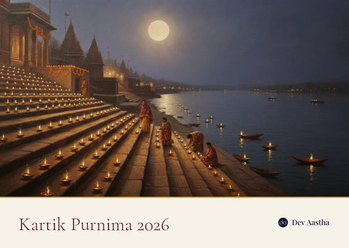 Dev Deepawali on Kartik Purnima at the Varanasi ghats: rows of lit earthen diyas down the stone steps beside the Ganga under a full moon