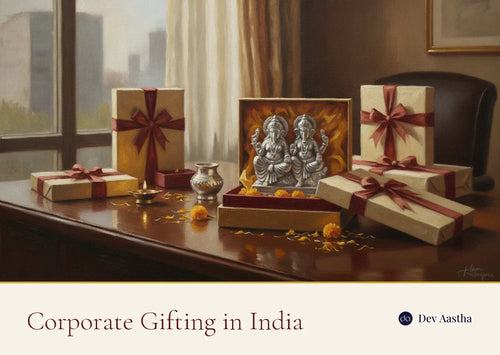 Premium Indian corporate gift boxes on an office desk with a silver-plated Lakshmi Ganesha idol set and a lit diya