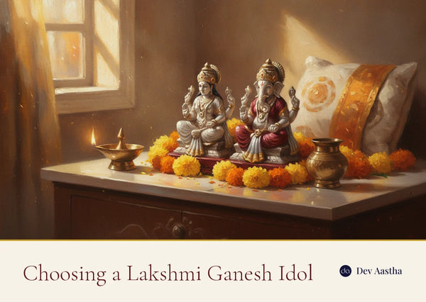 A pair of silver-plated Lakshmi and Ganesh idols on a wooden home mandir with a diya and marigolds, choosing a Lakshmi Ganesh idol