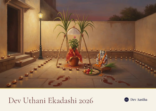 Dev Uthani Ekadashi courtyard at dusk: a sugarcane canopy tied over a tulsi plant wrapped in a red chunri, rows of lit earthen diyas, a silver-plated Vishnu Lakshmi idol on a wooden chowki and Vishnu's footprints drawn in geru on the floor