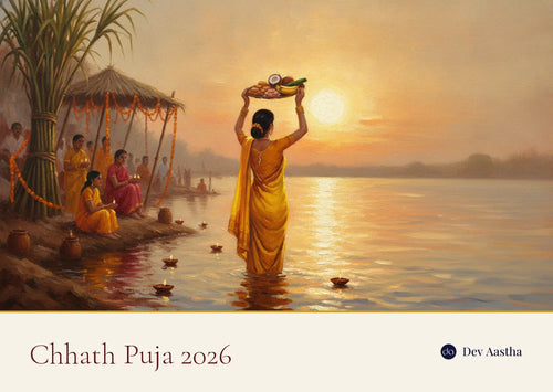 Chhath Puja 2026 Sandhya Arghya, a woman in a yellow saree offering a loaded soop to the setting sun at a river ghat with floating diyas