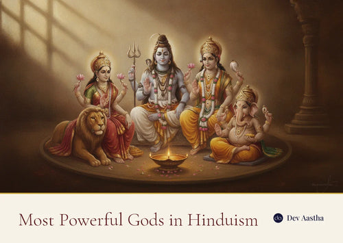Oil painting of the most powerful gods in Hinduism gathered around a lit lamp