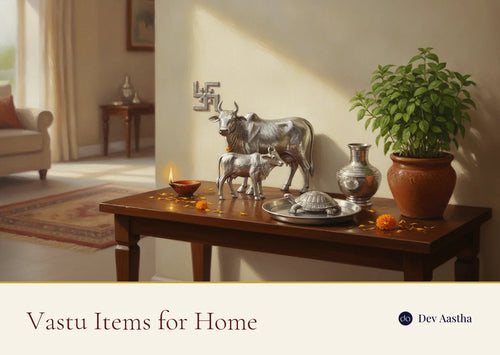 Vastu items for home arranged on a console: a silver-plated cow and calf, a silver tortoise on a water dish, a kalash, a lit diya and a tulsi plant