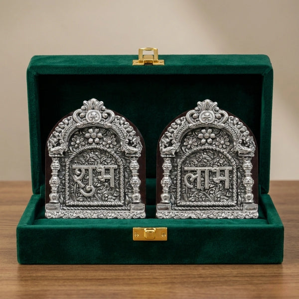 Silver plated Shubh Labh hanging pair in green velvet gift box with golden clasps