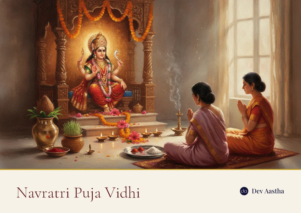 Navratri home mandir with Maa Durga, kalash, sprouting barley and lit diyas set for puja