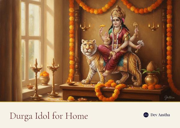 A serene silver-plated Durga Maa seated on her tiger in a warm home mandir with diyas and marigolds during Navratri