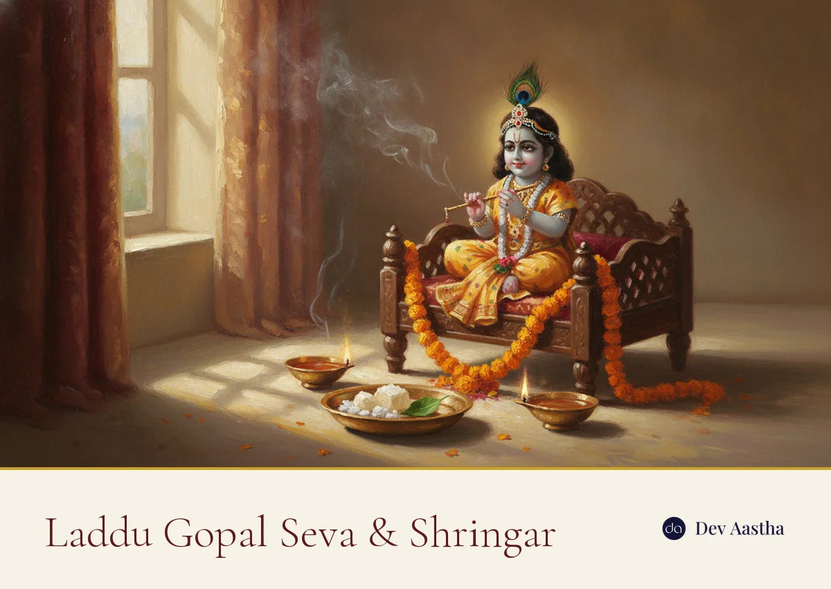 Laddu Gopal idol adorned with poshak, mukut and bansuri for daily seva and shringar