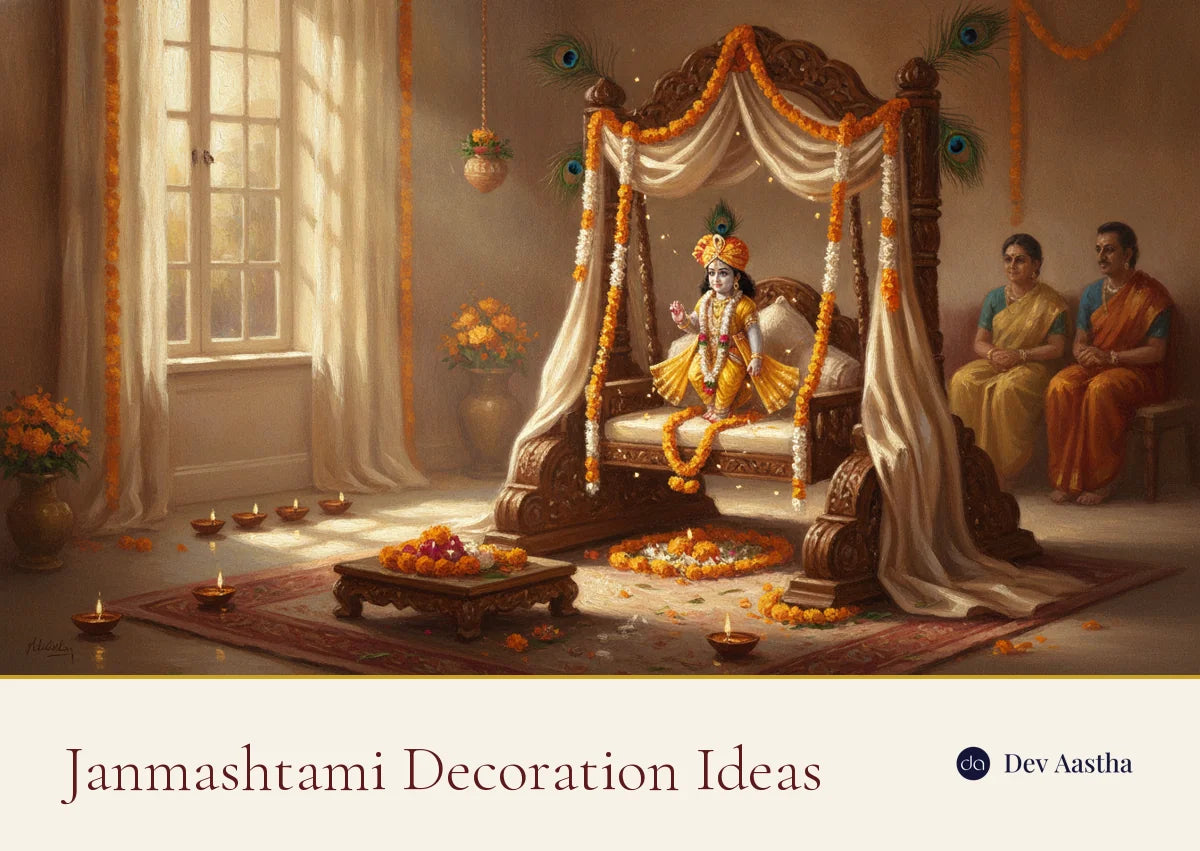 Janmashtami decoration ideas: a decorated Krishna jhula with Laddu Gopal, marigold garlands, diyas and peacock feathers at home