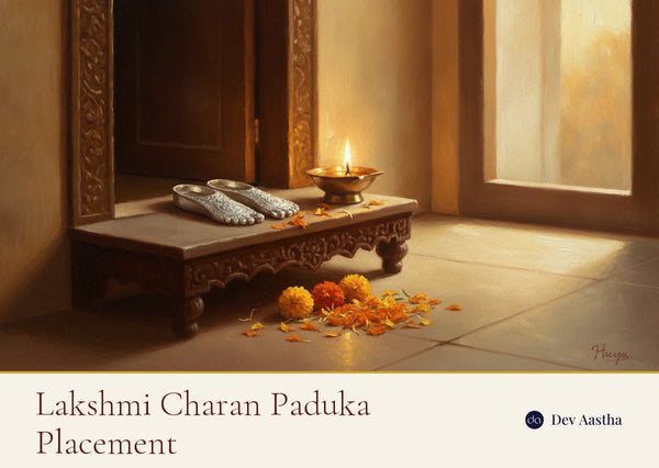 Silver-plated Lakshmi Charan Paduka on a wooden chowki at a home entrance with a brass diya and marigolds, vastu placement