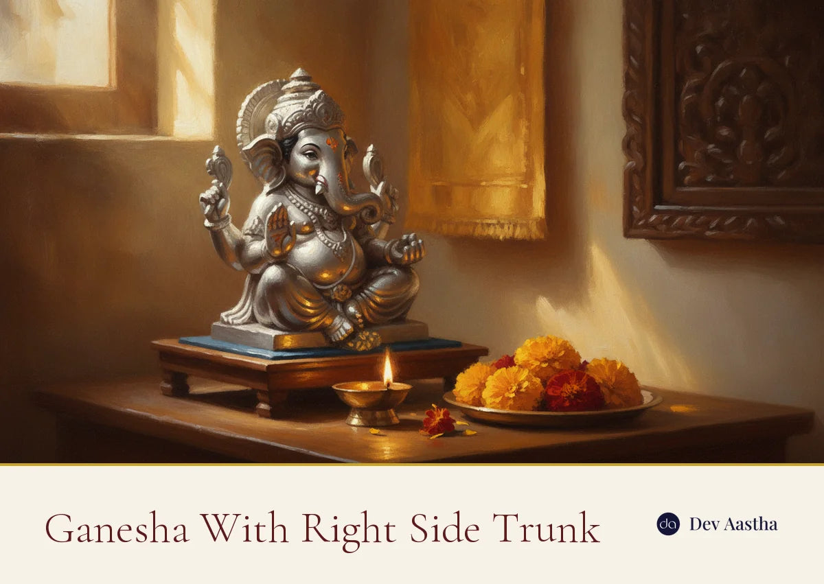 Silver-plated Ganesha with right side trunk on a home mandir chowki