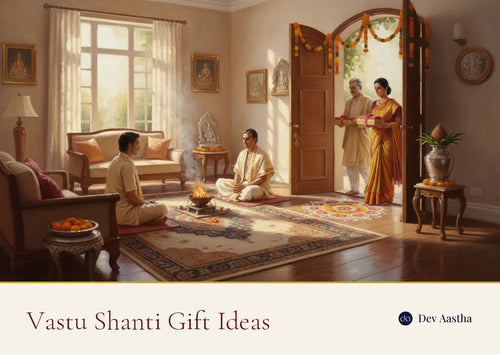 Vastu shanti puja in an Indian home with a havan fire, a kalash by the main door and guests arriving with wrapped gifts