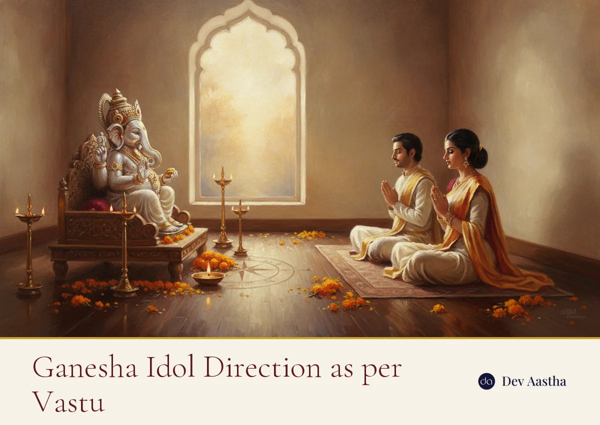 Ganesha idol direction as per Vastu - silver Ganesha facing east in a pooja room