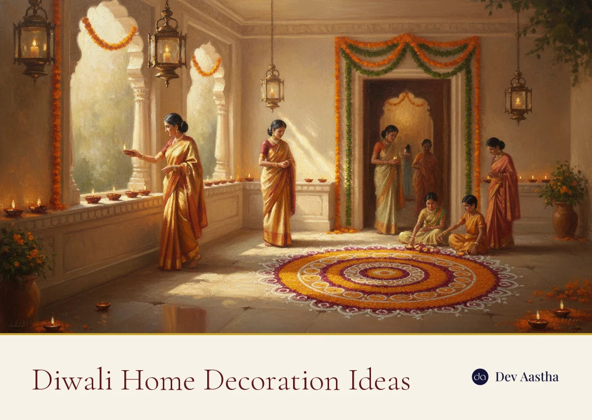 Diwali home decoration ideas, lit silver-plated lotus diyas with flowers and fairy lights