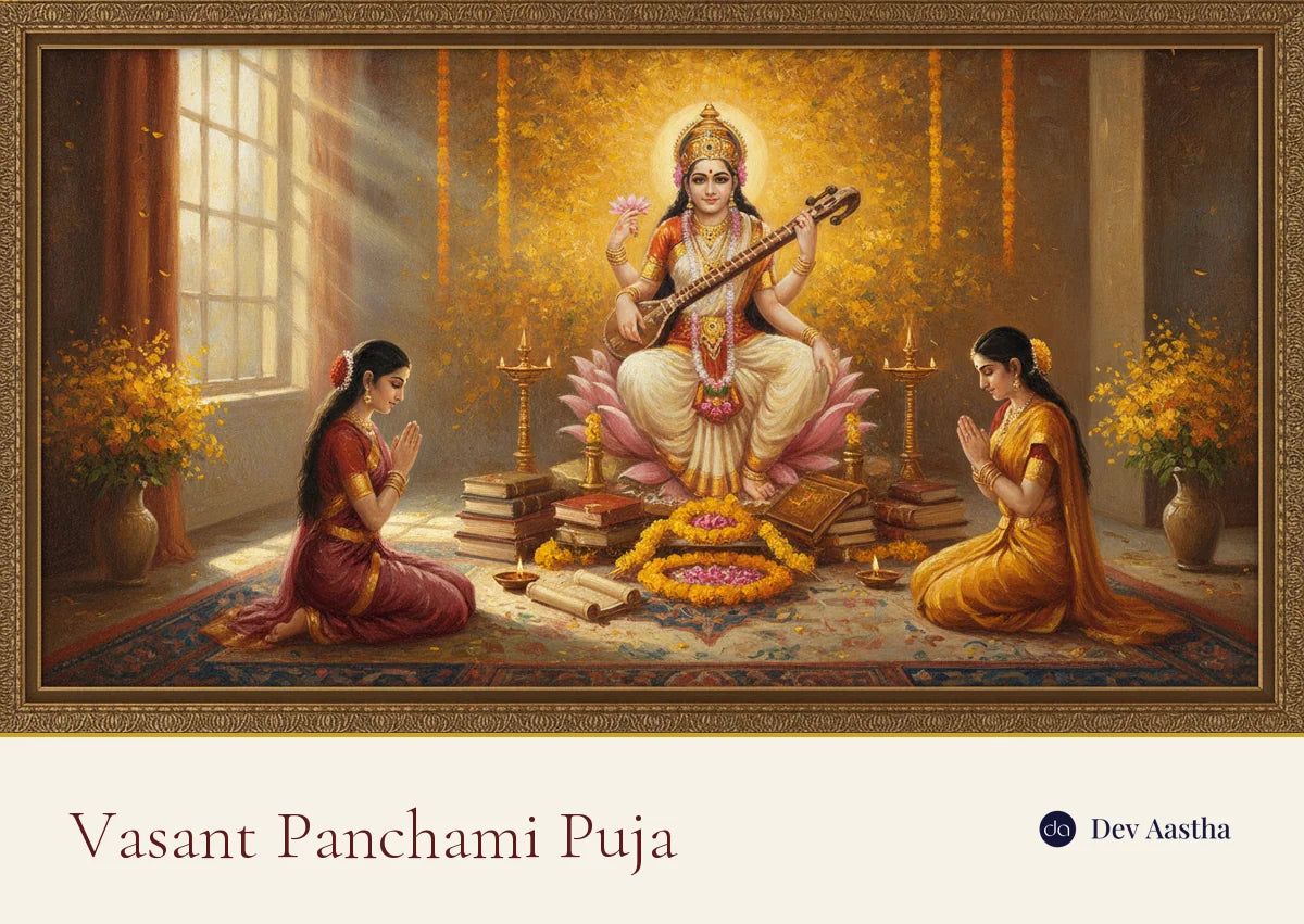 Vasant Panchami puja: a silver-plated Saraswati idol with yellow flowers for Saraswati Puja