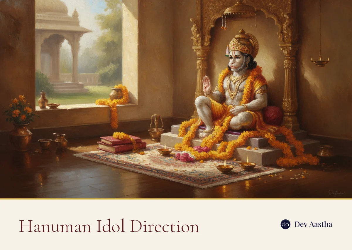 Hanuman idol direction: a silver-plated Hanuman idol placed for Vastu at home