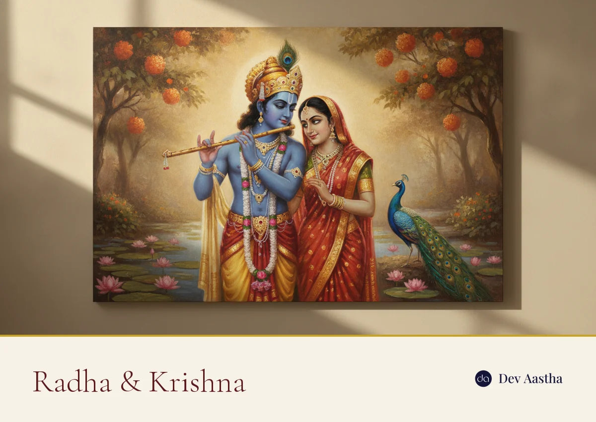 Radha and Krishna together in Vrindavan, Krishna playing the flute