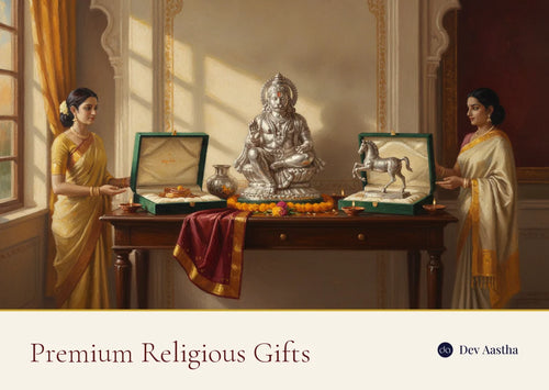 Silver-plated Hanuman idol and silver-plated horse statue in velvet gift boxes with diyas and marigolds, premium religious gifts in India