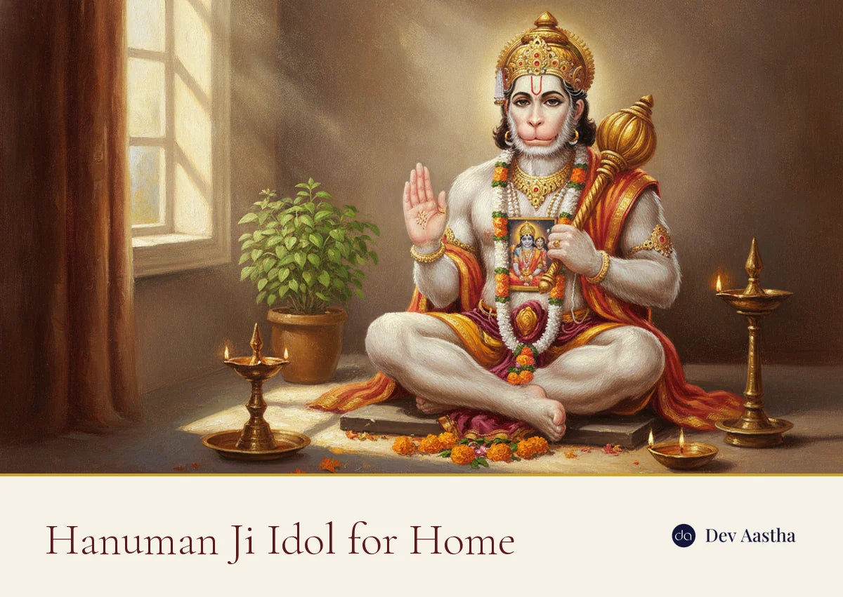 Silver-plated blessing Hanuman ji idol for home in a warm puja setting