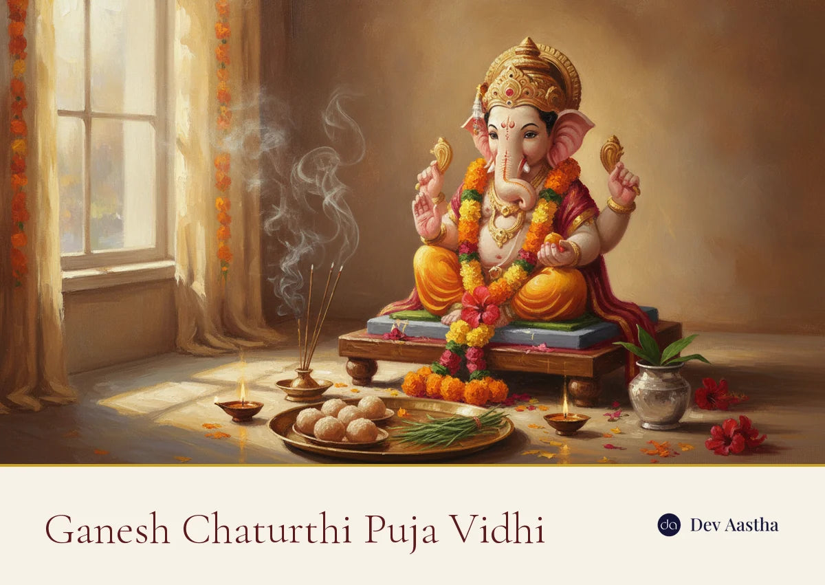 Decorated Ganesha idol at a home Ganesh Chaturthi puja with modak, durva and diyas