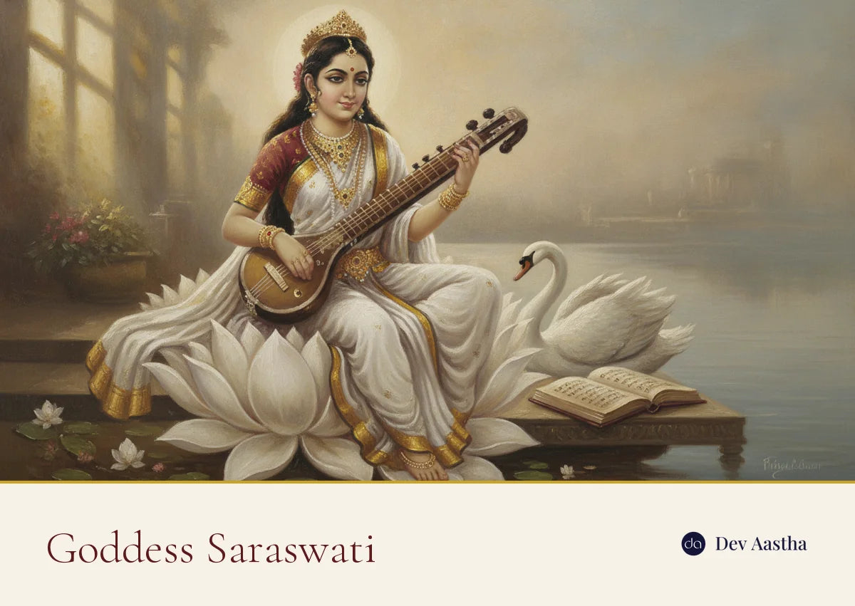 Goddess Saraswati: a silver-plated Saraswati idol with her veena, the goddess of knowledge and the arts