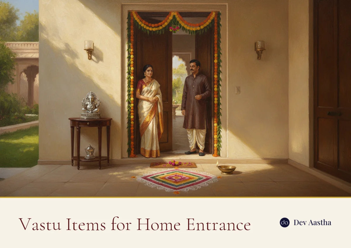 Vastu items for a home entrance: toran, swastik, Ganesha, nameplate and Lakshmi charan at the main door