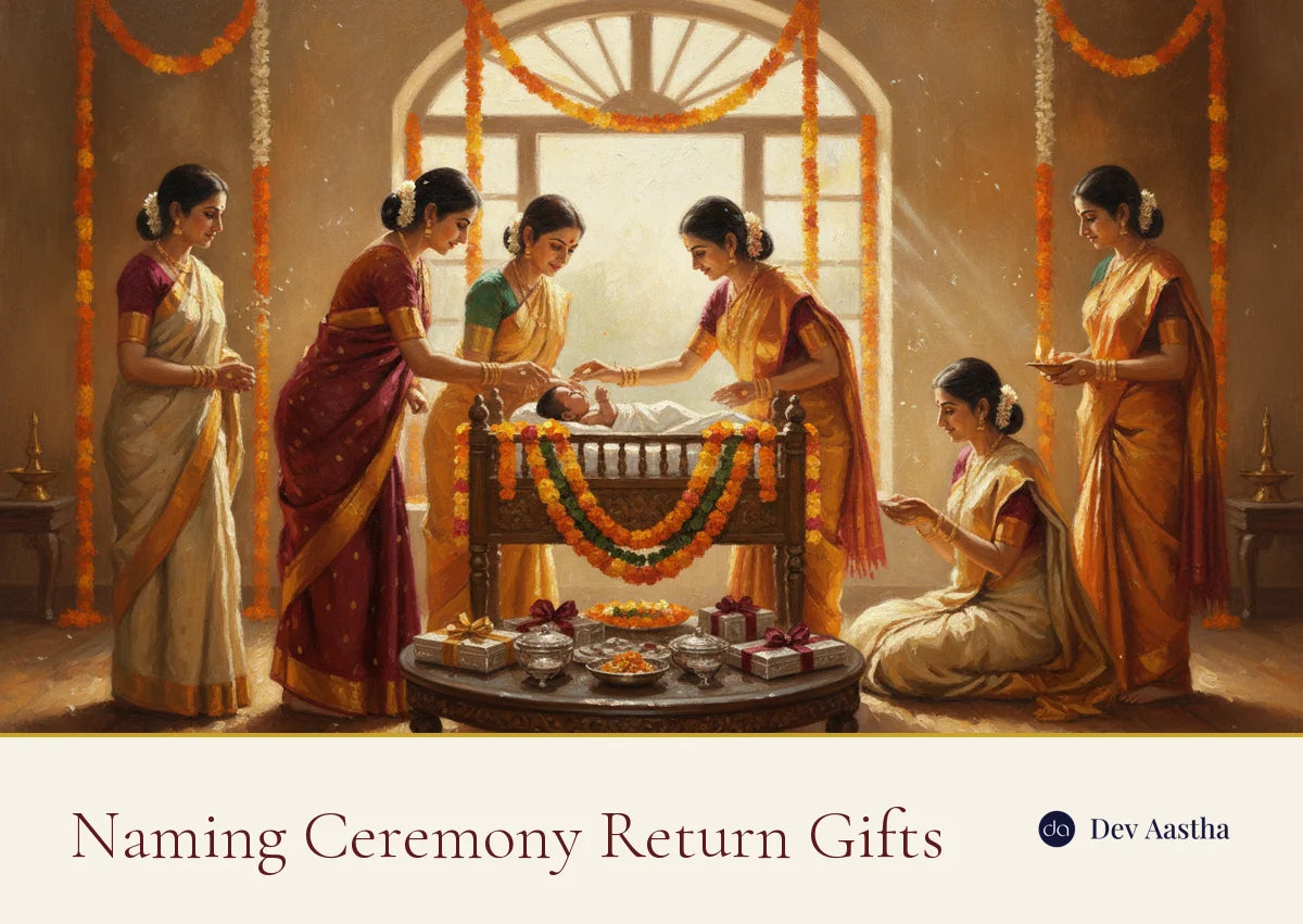 Naming ceremony cradle scene with family and marigolds, illustrating naming ceremony return gifts