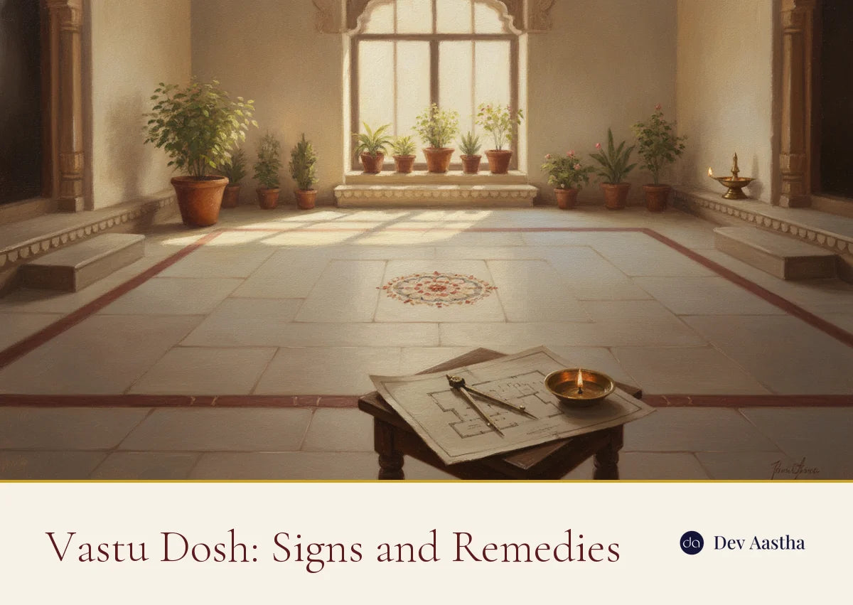 Sunlit Indian courtyard with an open clean centre, a rangoli, plants in the north-east and a house plan with a compass, illustrating how to find and fix vastu dosh