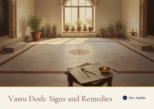 Sunlit Indian courtyard with an open clean centre, a rangoli, plants in the north-east and a house plan with a compass, illustrating how to find and fix vastu dosh