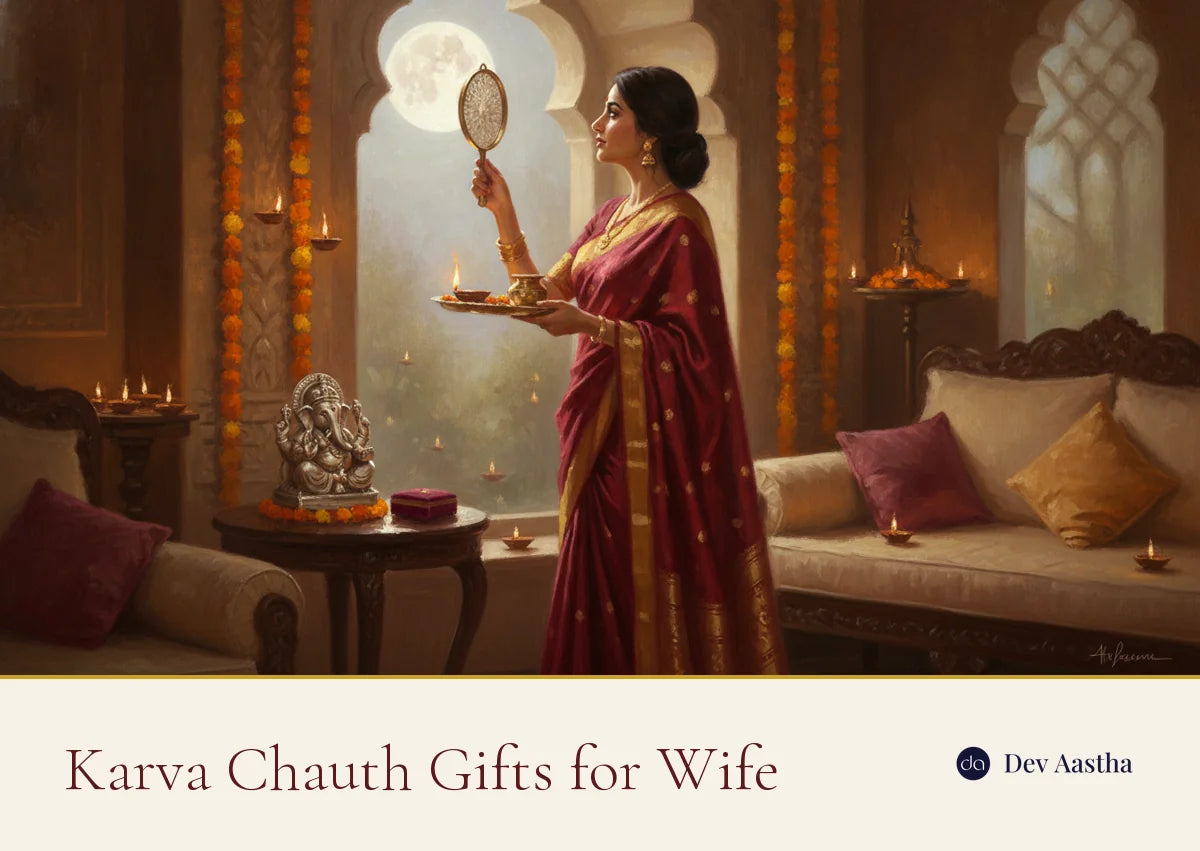 Woman sighting the Karva Chauth moon through a sieve with a puja thali, a silver keepsake nearby