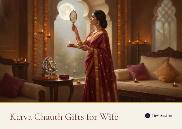 Woman sighting the Karva Chauth moon through a sieve with a puja thali, a silver keepsake nearby