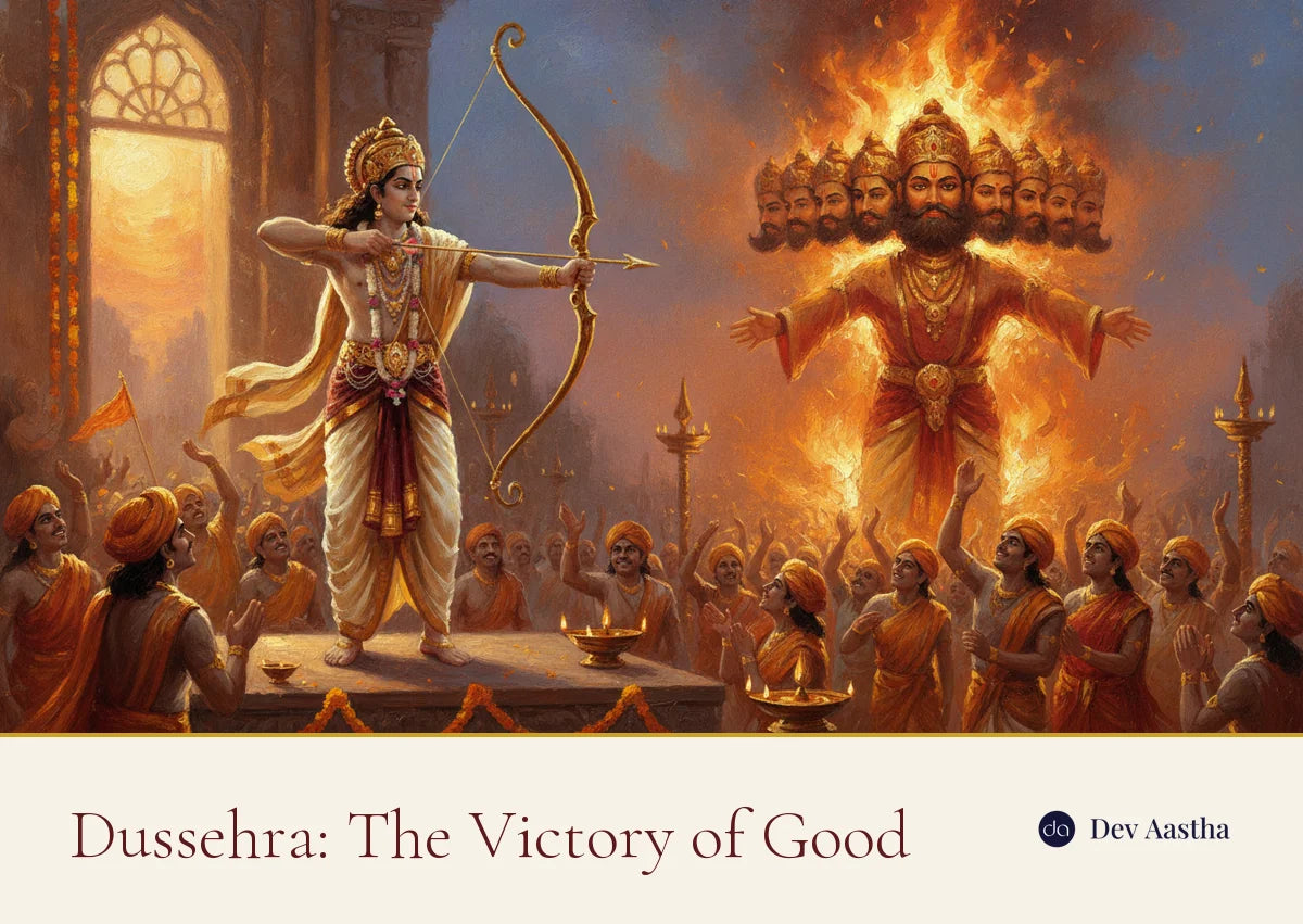 Lord Rama drawing his bow as a Ravana effigy burns during Dussehra