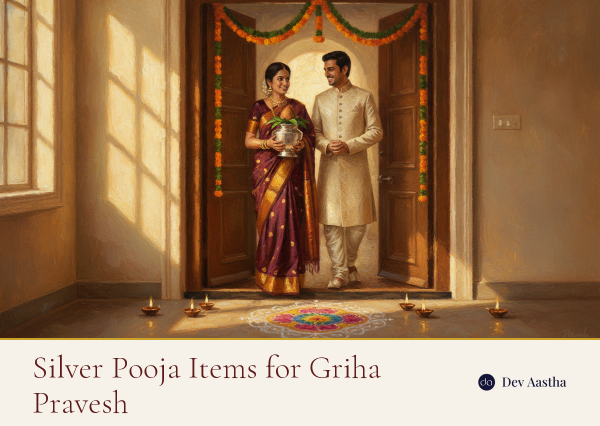Silver pooja items for griha pravesh: family entering new home with silver kalash, diyas and marigold toran