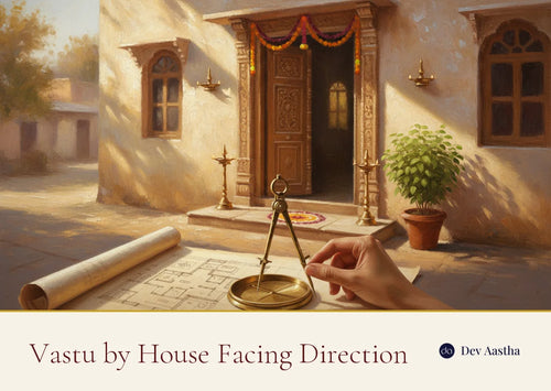Indian home entrance with a marigold toran, rangoli and brass lamps, with a compass on a house plan, illustrating vastu by house facing direction