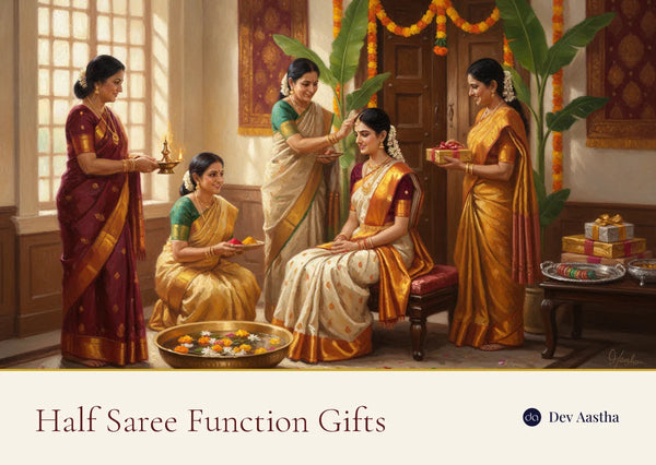 Women of the family bless a girl in traditional South Indian silk at a half saree function, with wrapped gifts and a tray of bangles beside them