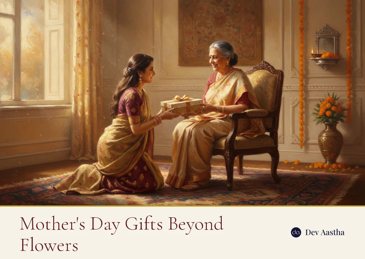 Mother's Day gifts: a daughter presenting a wrapped gift to her smiling mother in a warm Indian home