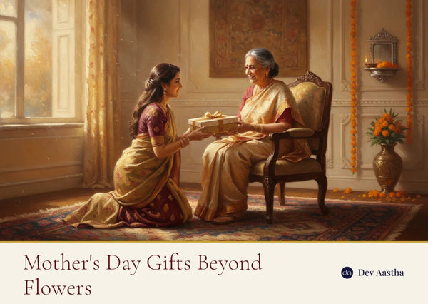 Mother's Day gifts: a daughter presenting a wrapped gift to her smiling mother in a warm Indian home