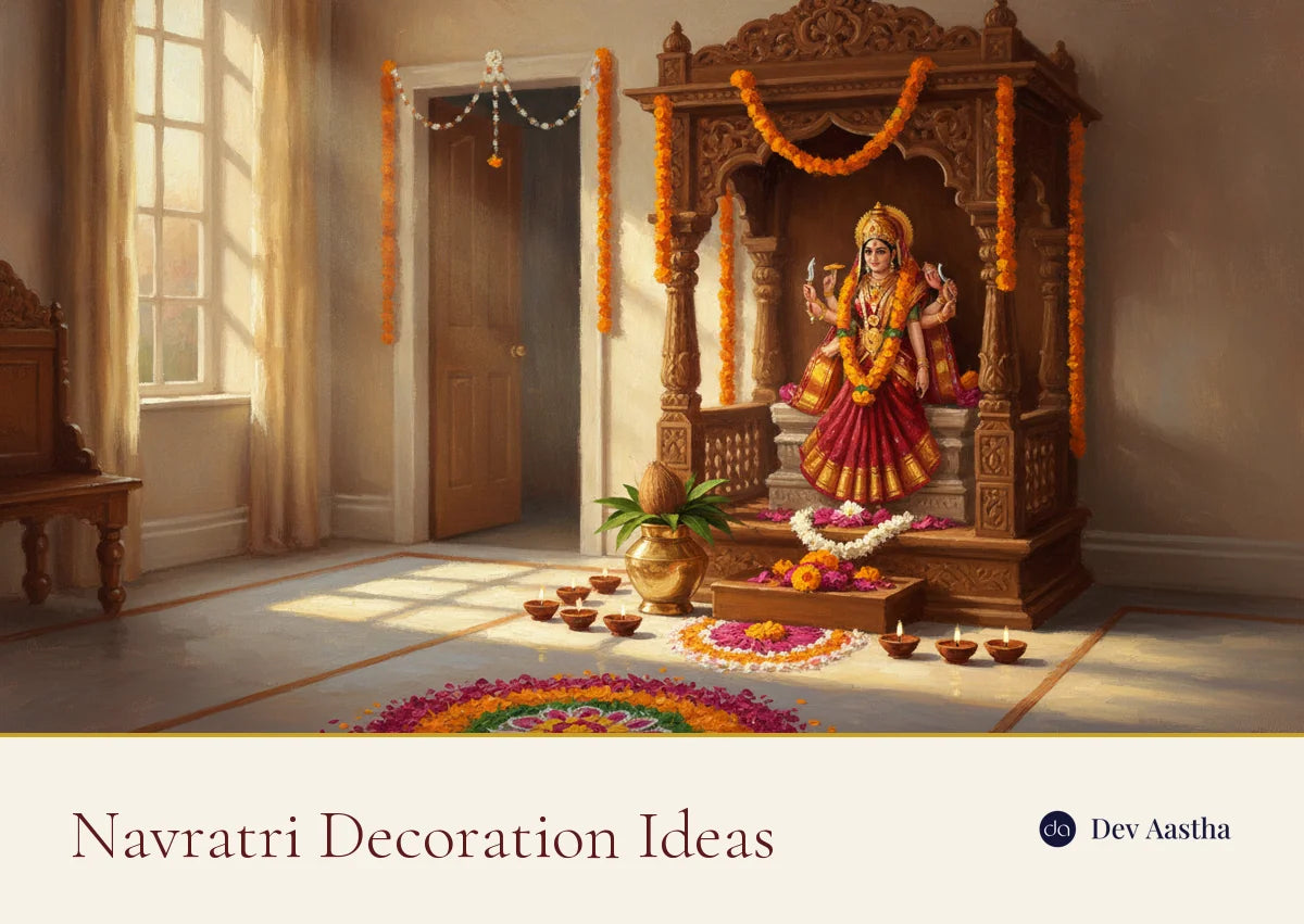 Navratri decoration ideas: a decorated home mandir with a Goddess idol, kalash, marigold garlands, diyas and a flower rangoli