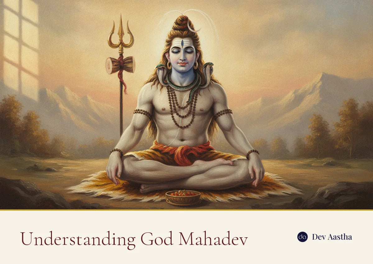 Understanding god Mahadev: Lord Shiva meditating with trishul, crescent moon and blue throat