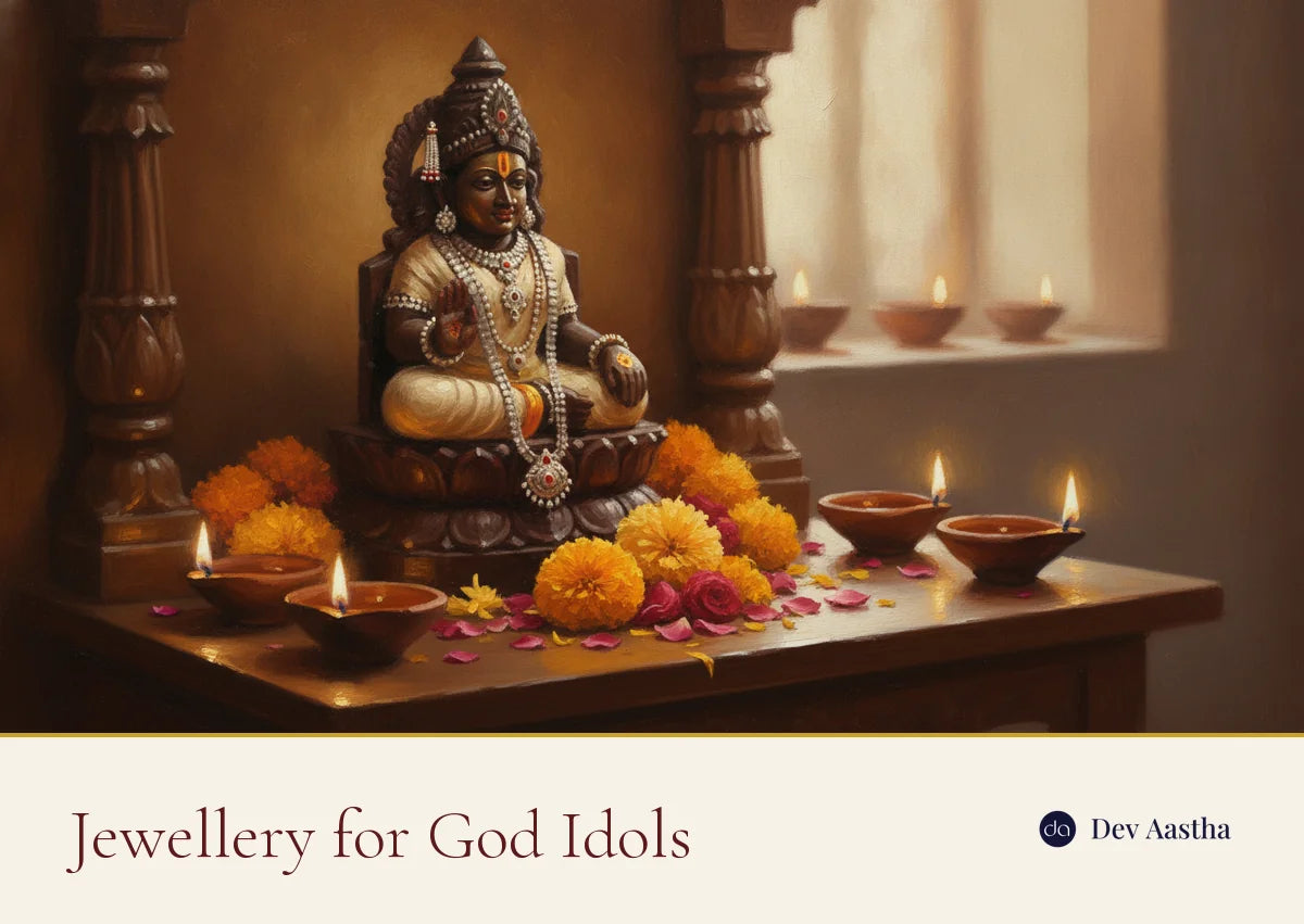 Adorned god idol with mukut crown, necklaces and jewellery on a home mandir