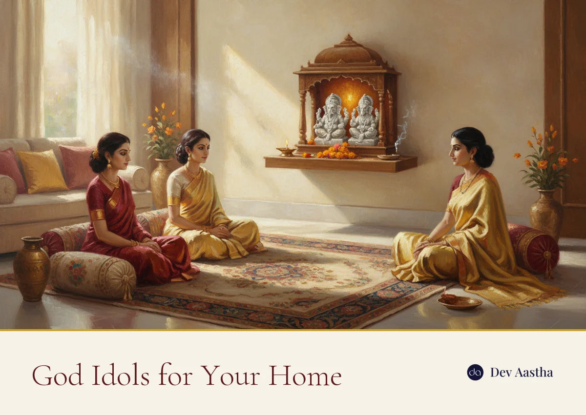 A modern Indian home with silver-plated god idols on a wooden mandir, a lit diya and marigolds, god idols for your home