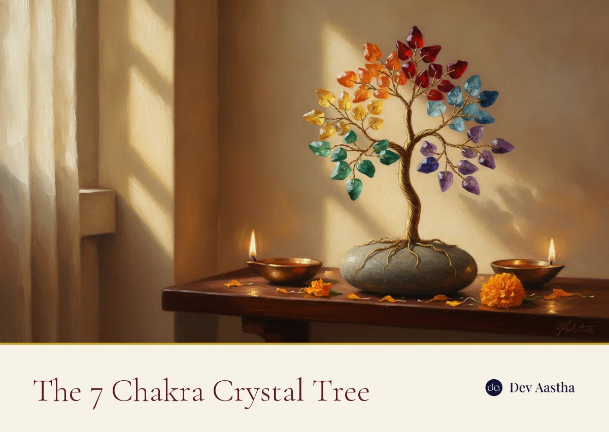 A 7 chakra crystal tree with seven coloured gemstones on a home shrine shelf