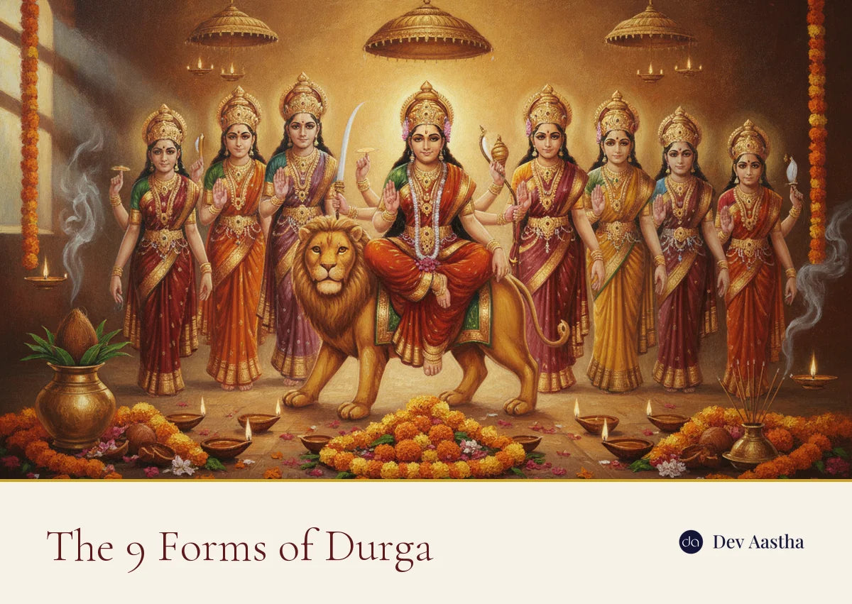 The nine forms of Durga, the Navadurga, with Maa Durga on a lion at a home shrine