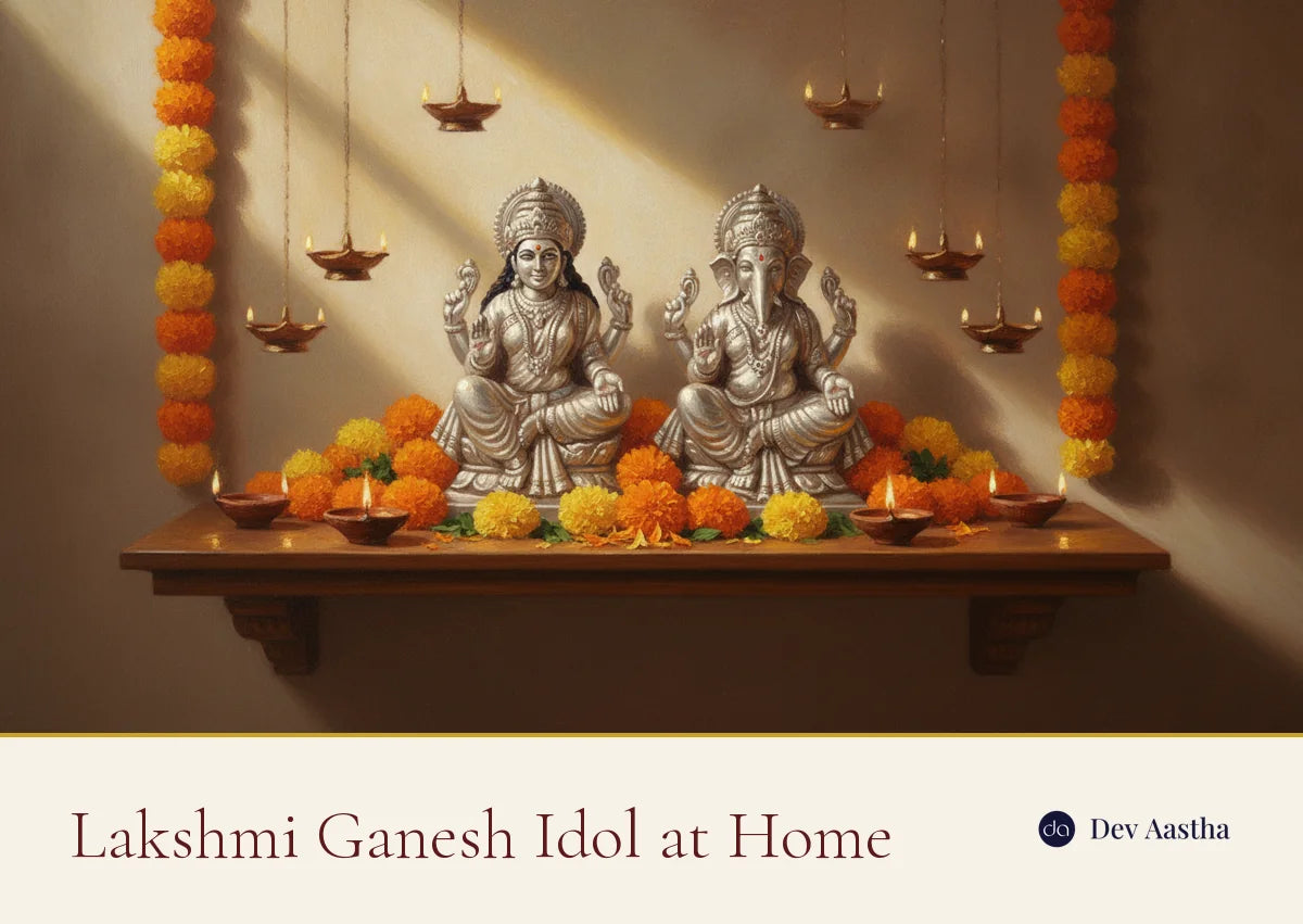 Silver-plated Lakshmi Ganesh idol pair on a home mandir shelf with diyas and marigolds